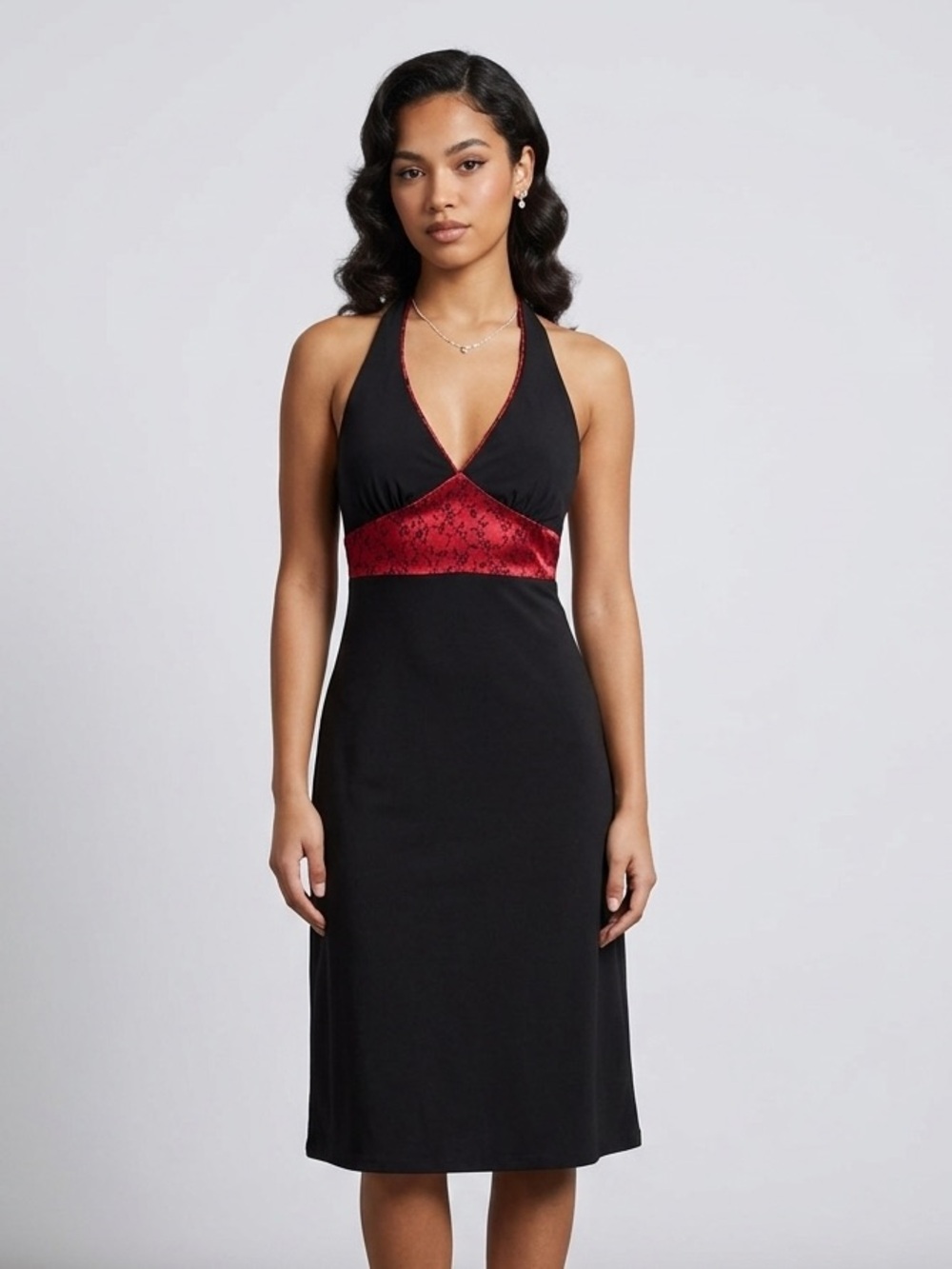 Y2K Amanda Laura Black‎ Fitted Halter Plunge Neckline Midi Dress Size 4 Small